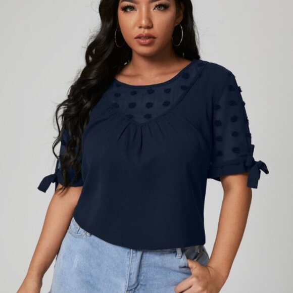 Blue Contrast Swiss Dot Panel Blouse - Sz 3X - Picture 1 of 5